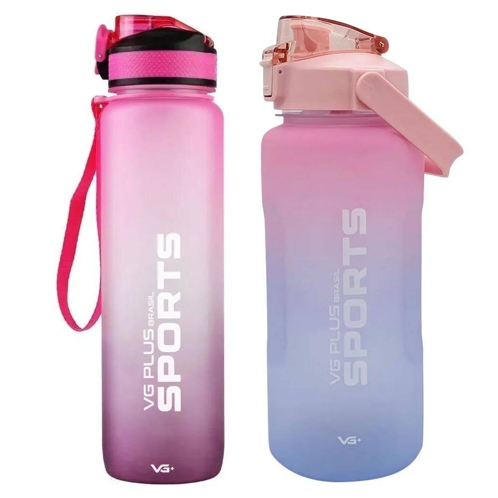 Kit 2 Garrafinha Squeeze Plástico 2l + 1l Academia Vg+ Rosa/rosa