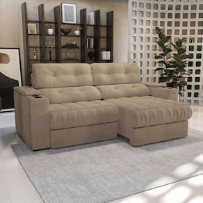 Sofá 260cm com Porta Copos Retrátil e Reclinável Premier Cinza