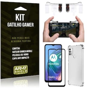 Kit moto g10 gatilho gamer+capa anti shock+película vidro 3d