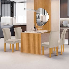 Mesa de Jantar 4 Lugares Bella/Canela com Vidro e Espelho Ripado Cinamomo/Off White/Boucle Bege - Cel Móveis