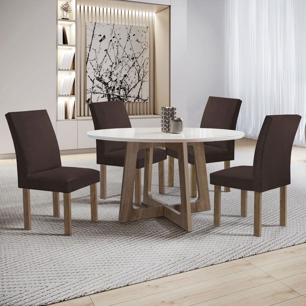 Mesa de Jantar 4 Lugares Arizona Canela com Vidro Chocolate/Off White/Veludo Marrom 20770 - Cel Móveis