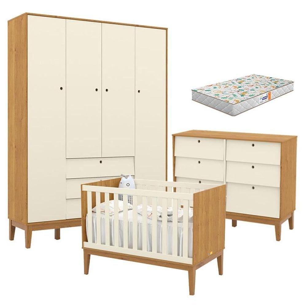 Quarto de Bebe Unique 4 Portas com Cômoda 6 Gavetas Freijó Off White Eco Wood e Colchão Gazin - Matic