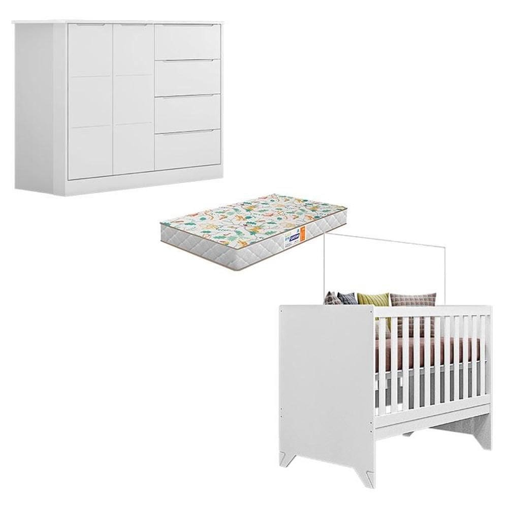 Berço Americano Retro Maya e Cômoda Infantil Eloá Branco Acetinado com Colchão Gazin – Phoenix Baby