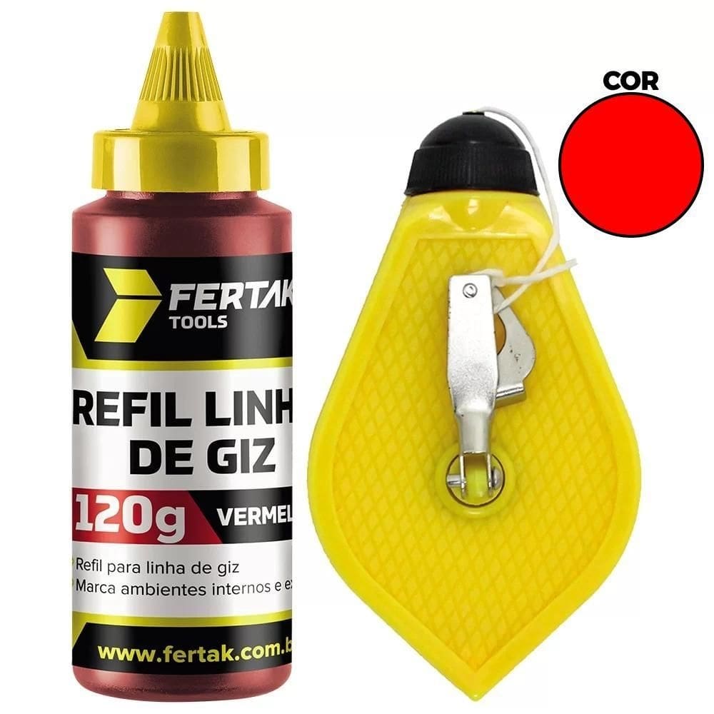 Kit jogo marcação 15m linha giz refil 120g + nível bolha