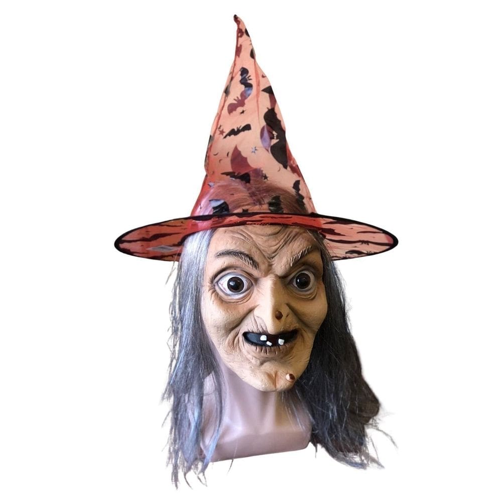 Máscara látex bruxa com cabelo e chapéu fantasia halloween