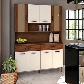 Kit Cozinha Ambiente Golden 8 Portas Nogueira Off White Ripado - Kits Paraná