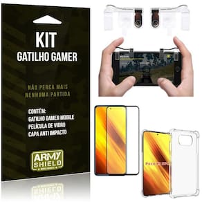 Kit poco x3 gatilho gamer+capa anti shock+película vidro 3d