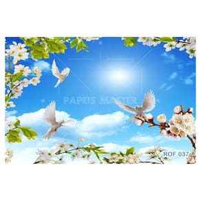 Papel De Teto Céu Azul Nuvens Flores Pombas 3,5M Rof37