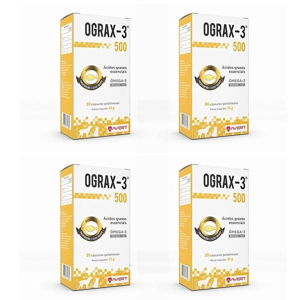 4 caixas ograx 3 500mg suplemento cães e gatos ômega 3