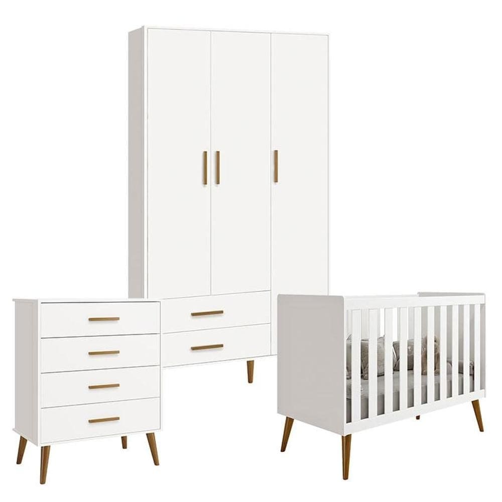 Quarto de Bebê Isis 3 Portas com Gaveteiro Branco Acetinado - Reller