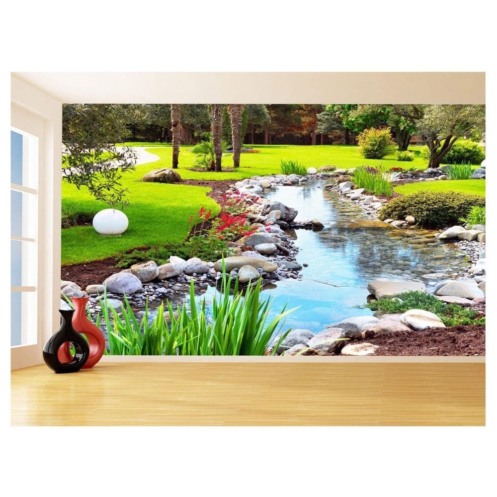 Papel De Parede Jardim Rio Flores Lago Árvores 3,5M Jjp46
