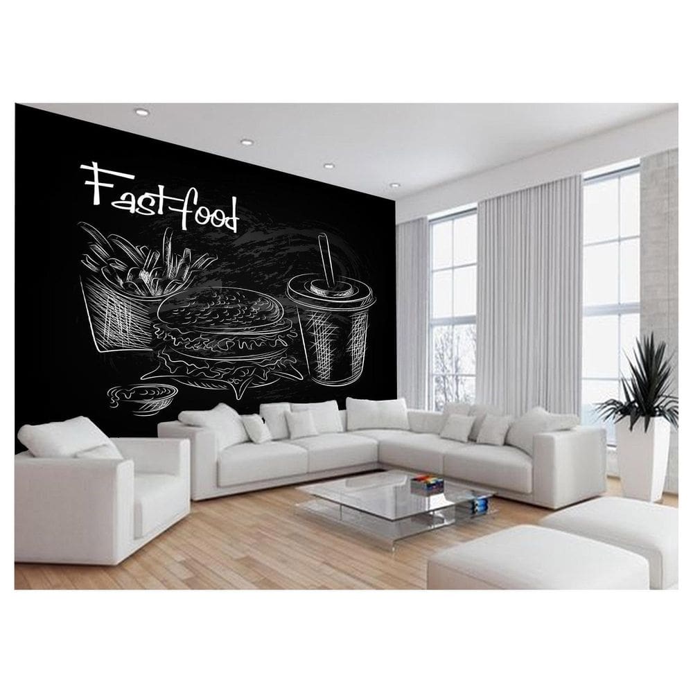 Papel De Parede 3D Estilo Lousa Lanches Comidas 3,5M Lcb38