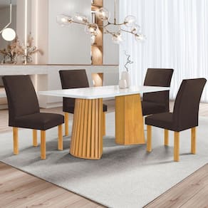 Mesa de Jantar 4 Lugares Stella Canela com Vidro Ripado Cinamomo/Off White/Marrom - Cel Móveis