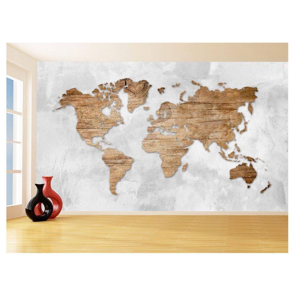 Papel De Parede 3D Mapa Mundi Madeira Concreto 3,5M Nmu40