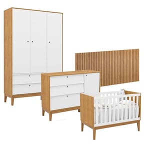 Quarto de Bebê Unique 3 Portas com Cômoda Sapateira e Painel Ripado Freijó Branco Soft Eco Wood - Matic