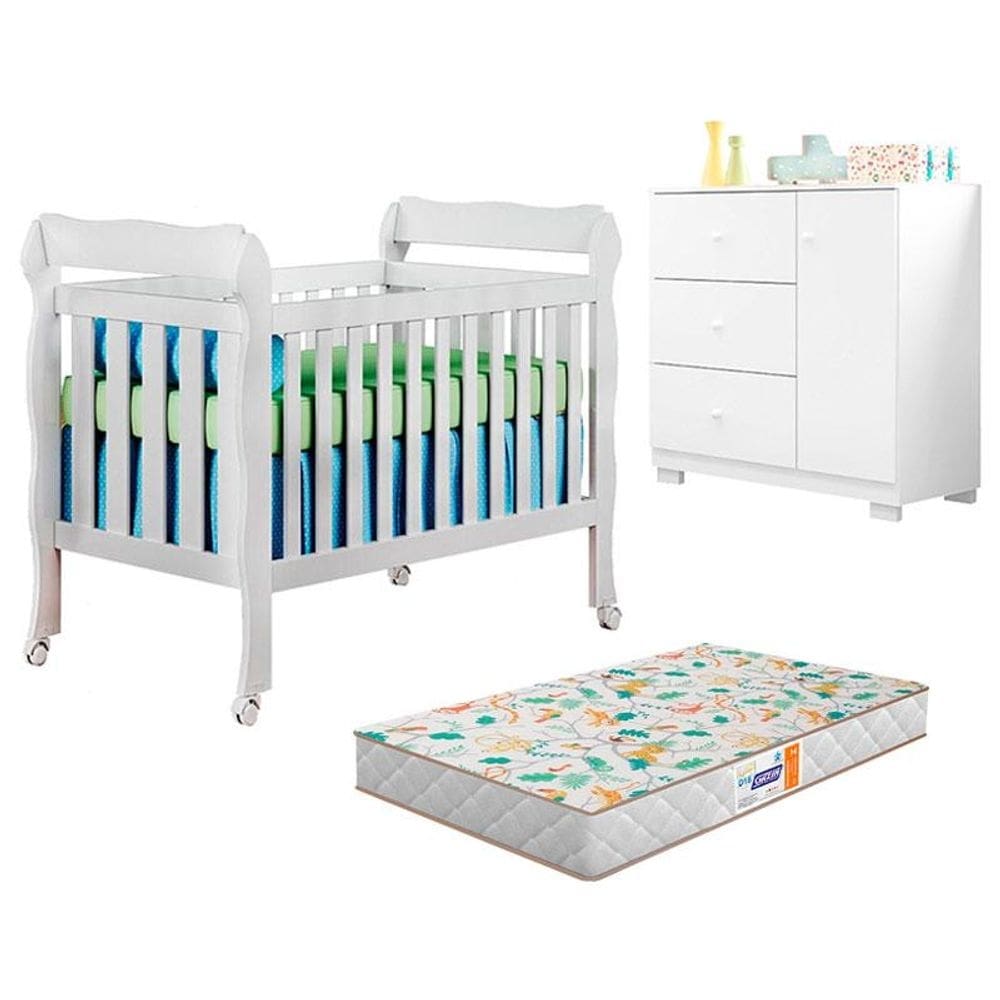 Berço Americano Lila e Cômoda Infantil Duda Branco Brilho com Colchão Gazin - Phoenix Baby