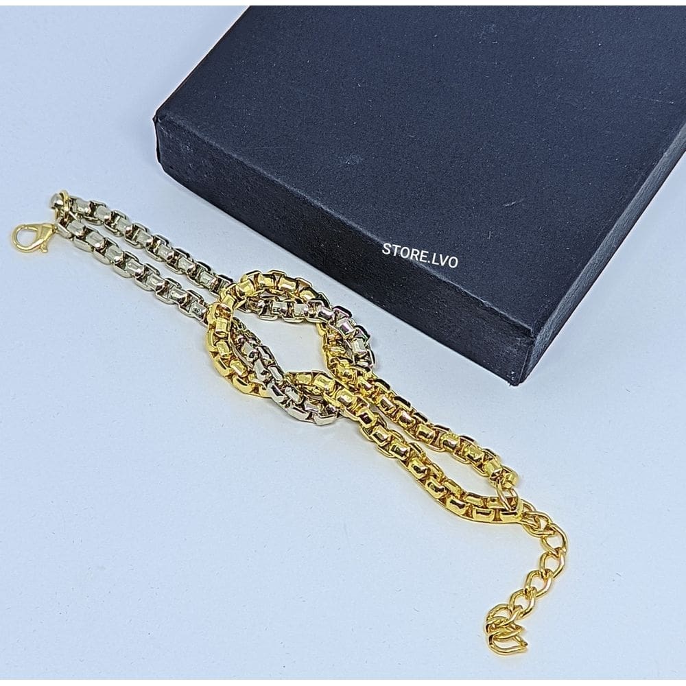 Pulseira Feminino Corrente Veneziana Elo Duplo Sinal Nó Folheado Ouro com Prata Luxo Inspiração Blogueira Tendência