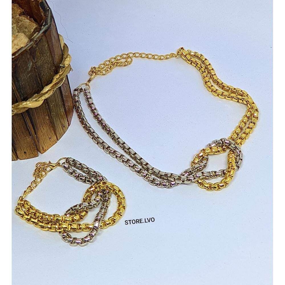 Kit Conjunto Colar e Pulseira Corrente Elo Duplo Veneziana Mix Nó Folheado Ouro com Prata Luxo Moda Tendência Presente