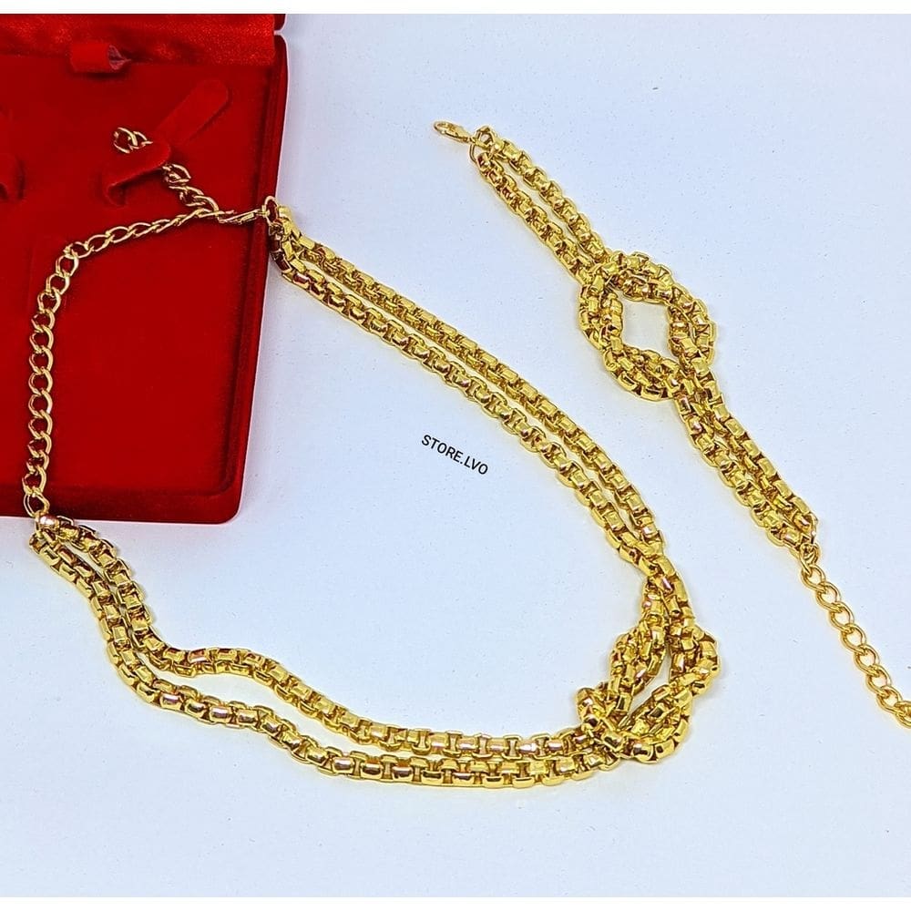 Kit Conjunto Colar e Pulseira Corrente Elo Duplo Veneziana Mix Nó Folheado Ouro com Prata Luxo Moda Tendência Presente
