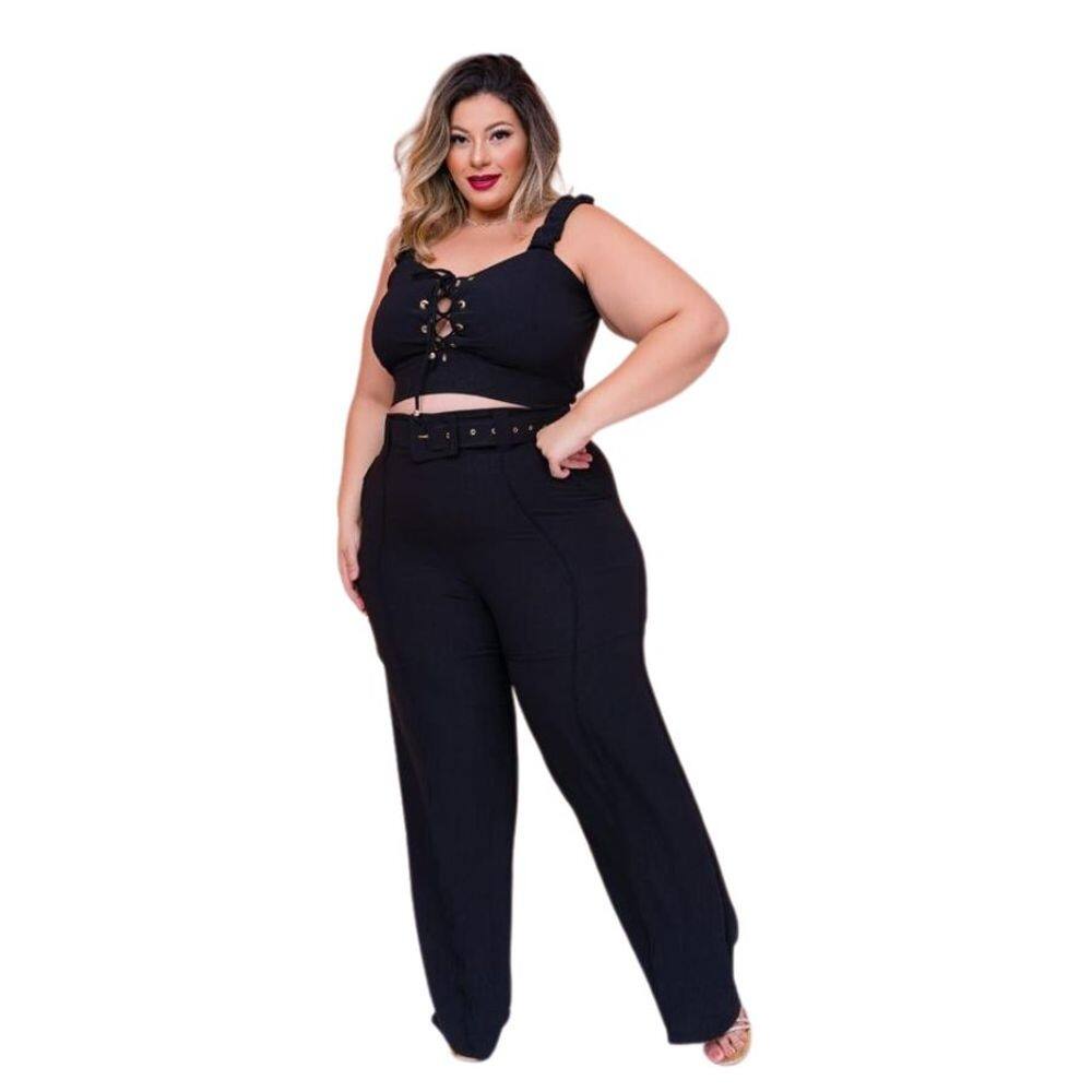 Conjunto Plus Size Cropped Ilhós + Calça Pantalona Cinto 0511