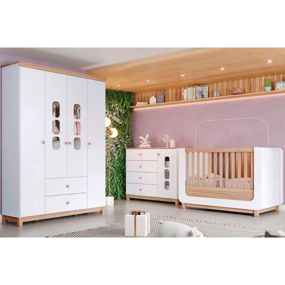 Quarto de Bebê Completo Aconchego 3 Peças (1 Guarda Roupa + 1 Berço + 1 Cômoda) QI80 Branco/Jequitiba - Henn