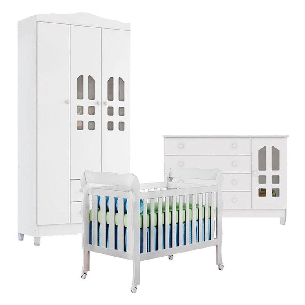 Quarto de Bebê New Selena 3 Portas com Berço Lila e Cômoda Gran Selena Branco Brilho – Carolina Móveis