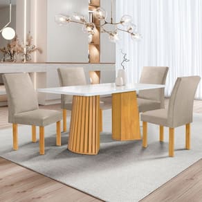 Mesa de Jantar 4 Lugares Stella Canela com Vidro Ripado Cinamomo/Off White/Boucle - Cel Móveis