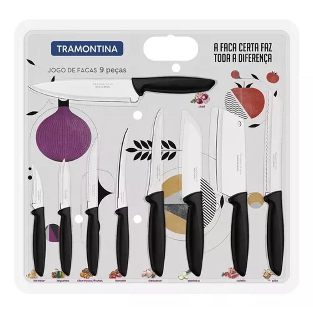 Jogo De Facas Inox 9Pc Plenus Preto Tramontina