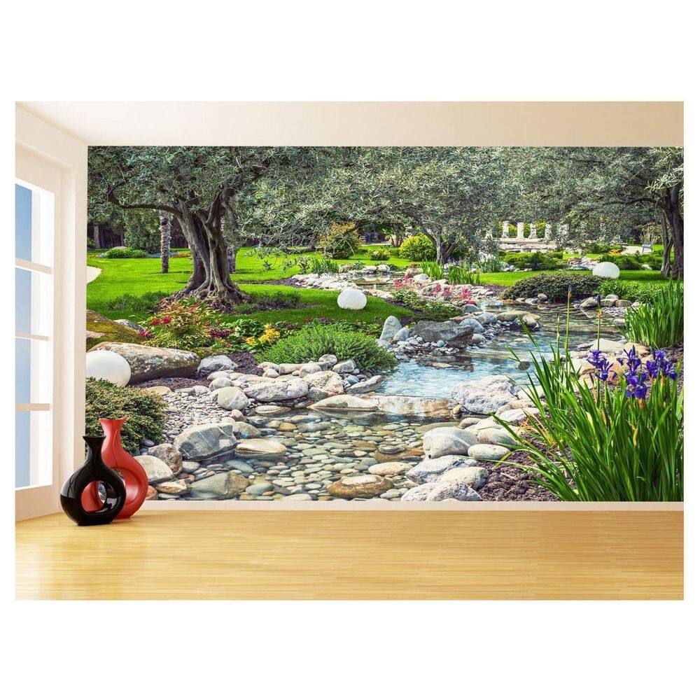 Papel De Parede Jardim Rio Flores Lago Árvores 3,5M Jjp57