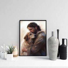 Quadro Jesus Abraçando Cão Golden Retriever 24X18Cm - Vidro