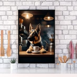 Quadro Pastor Alemão Tomando Café 24X18Cm - Com Vidro