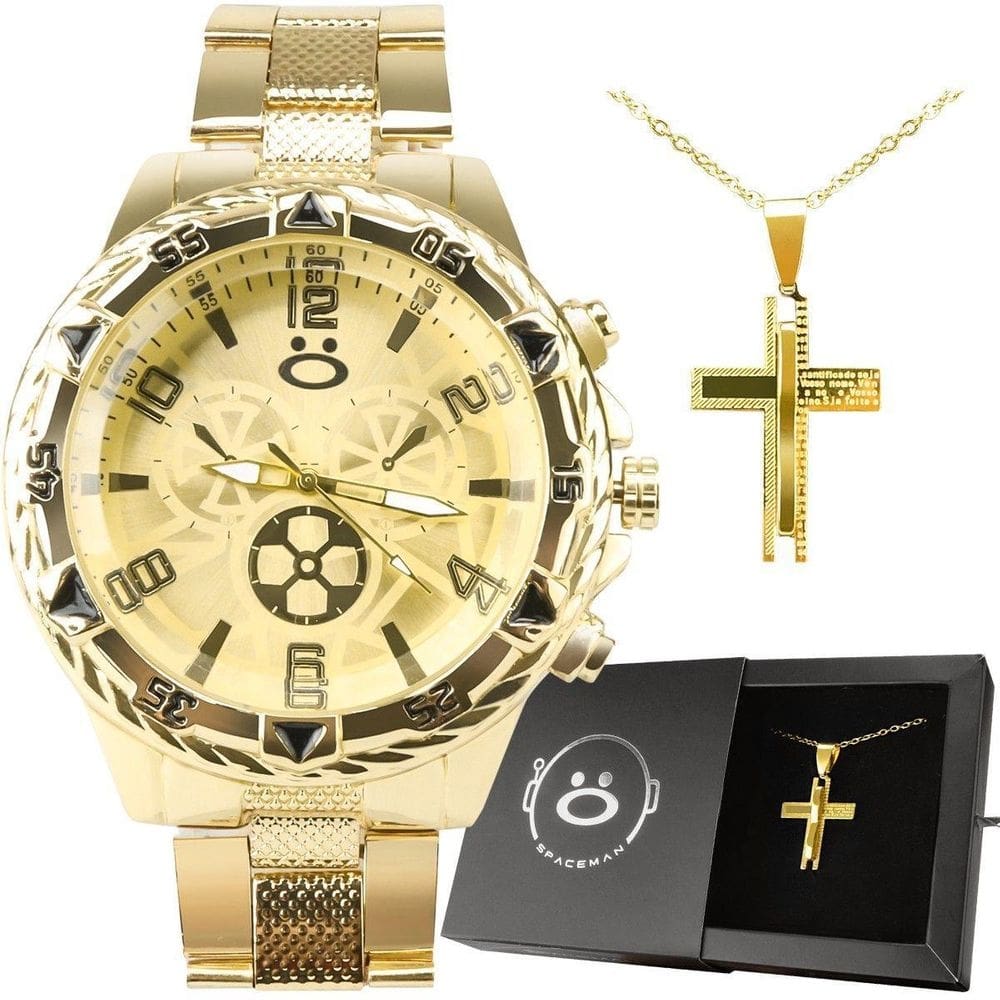 Relogio Masculino Dourado Aço + Cordão Ouro Cruz + Caixa