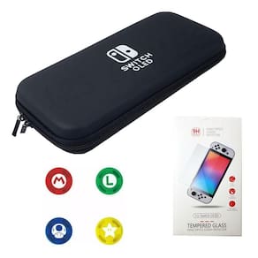 Case Nintendo Switch Oled Preto + 4 Grips + Película Vidro
