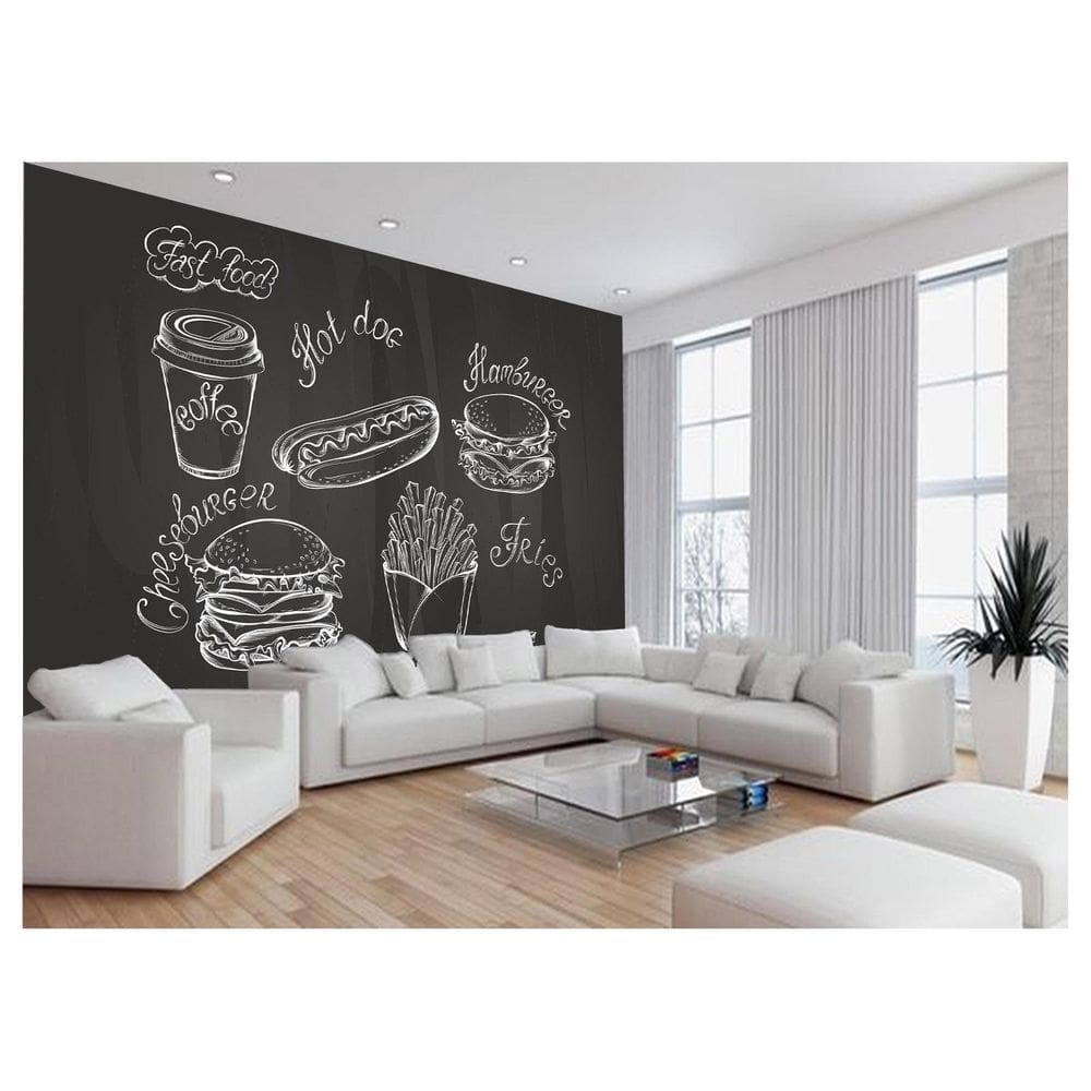 Papel De Parede 3D Estilo Lousa Lanches Comidas 3,5M Lcb28