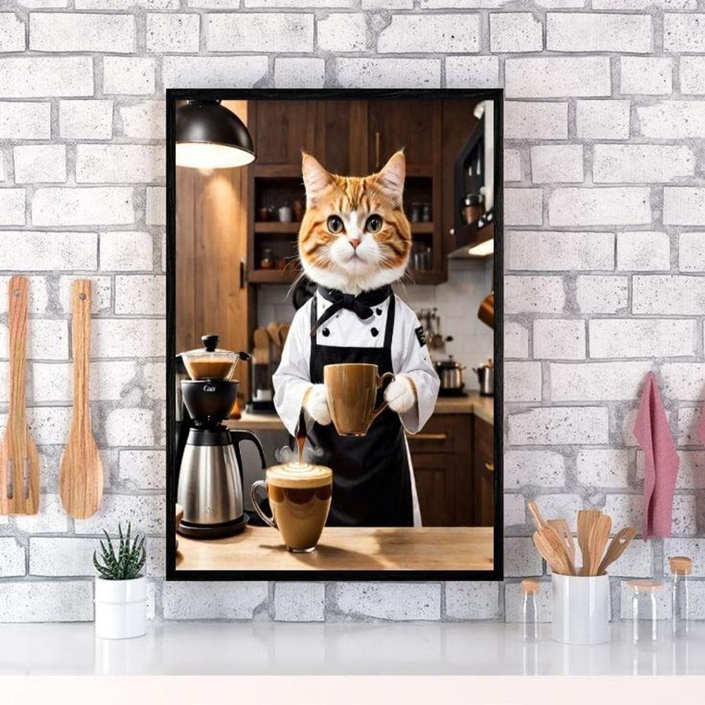 Quadro Decorativo Café Gatinho Barista 33X24Cm - Com Vidro
