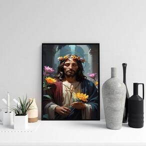 Quadro Decorativo Jesus Com Flores 45X34Cm
