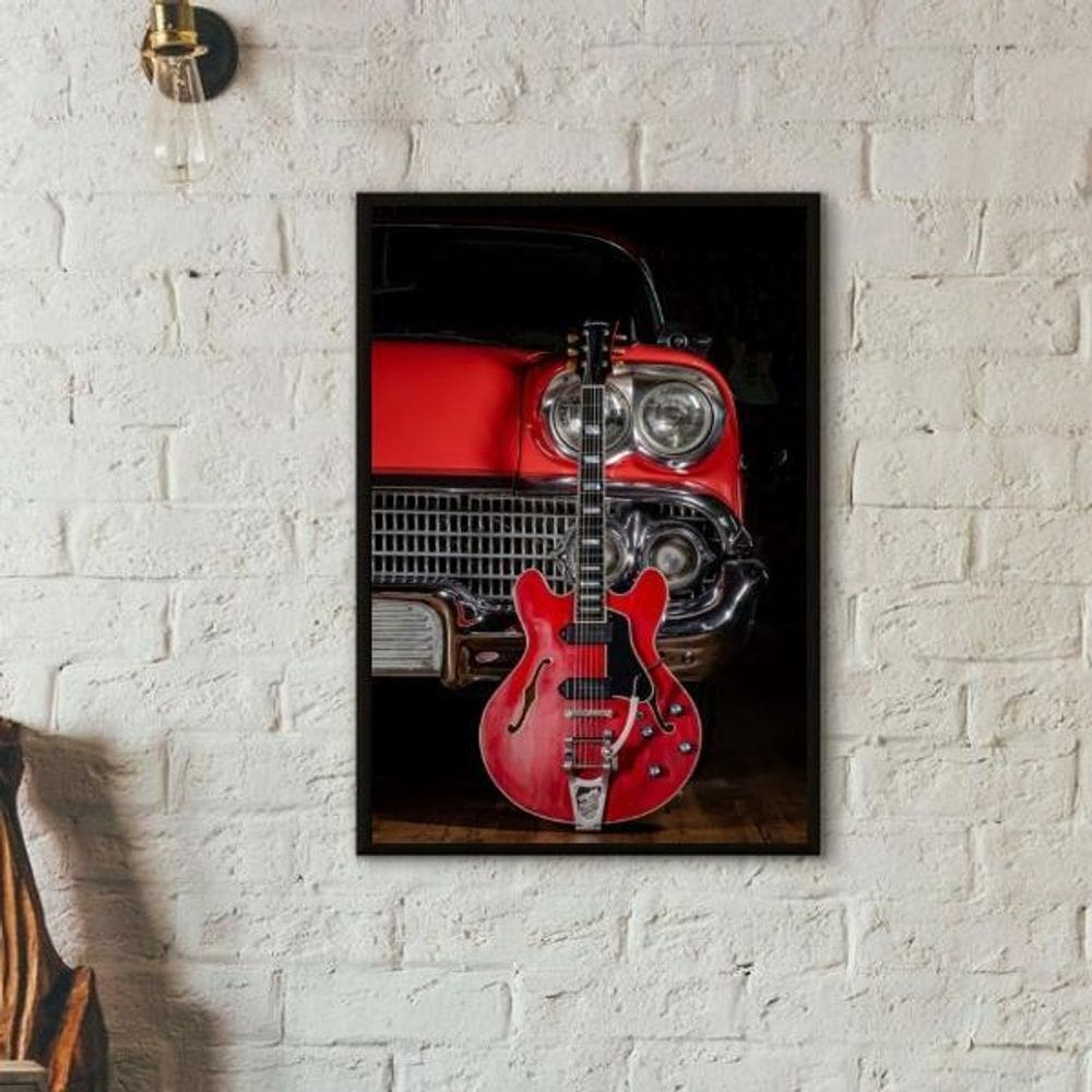 Quadro Guitarra E Carro Antigo Vermelhos 33X24Cm