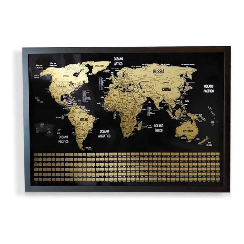Mapa Mundi De Raspar Raspadinha Bandeiras 73X50 Com Moldura