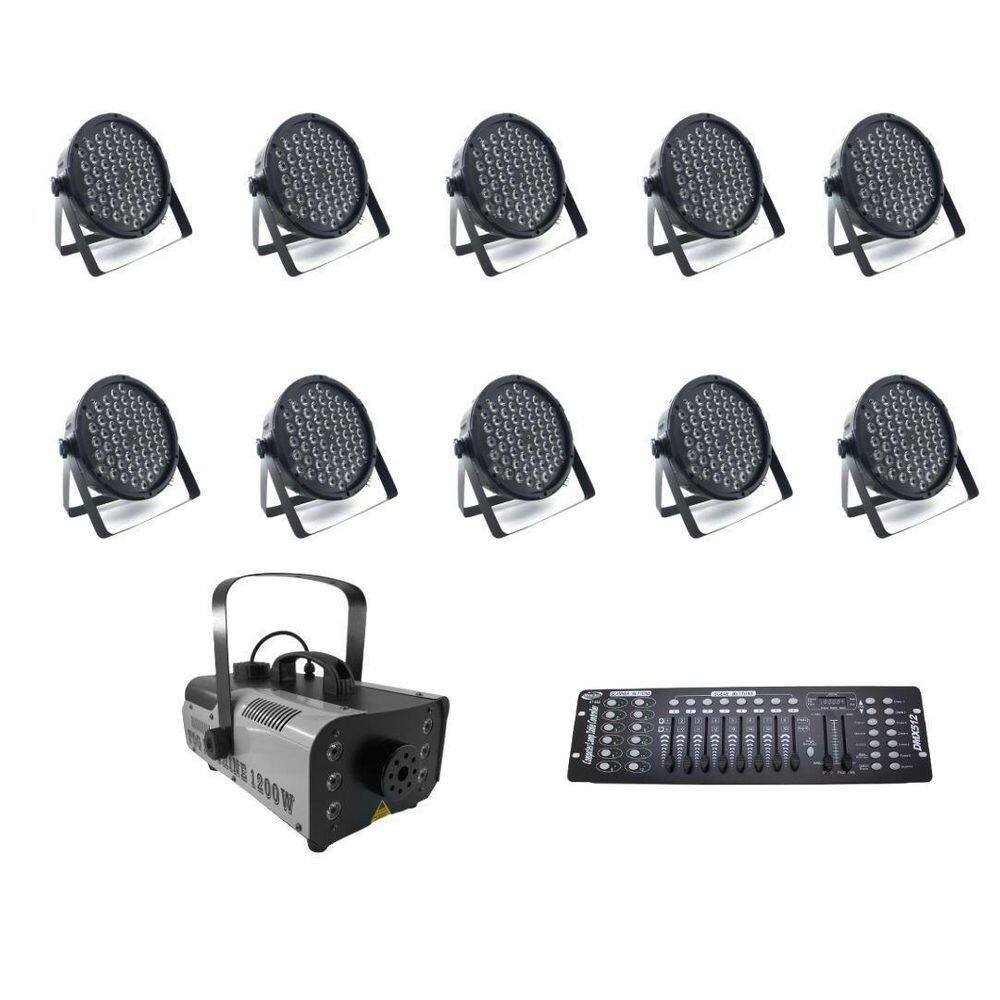 Kit 10 Par Leds + Máquina De Fumaça 1200W + Mesa Dmx 512