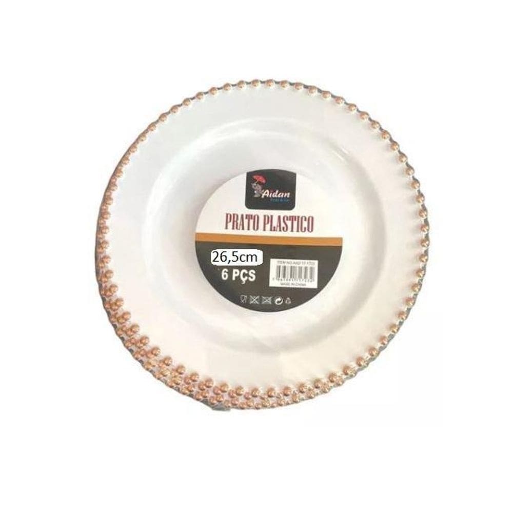 Prato Jantar Acrílico Borda Bolinha Rose Festa 26Cm- 6Un