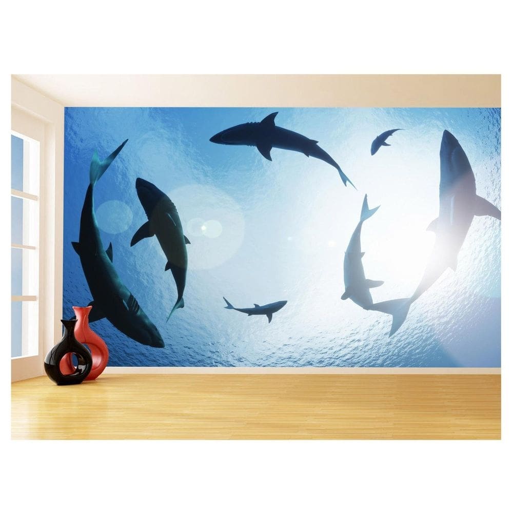 Papel De Parede 3D Fundo Do Mar Tubarões Cercado 3,5M Fm114