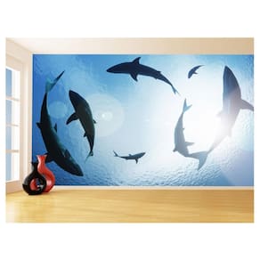 Papel De Parede 3D Fundo Do Mar Tubarões Cercado 3,5M Fm114