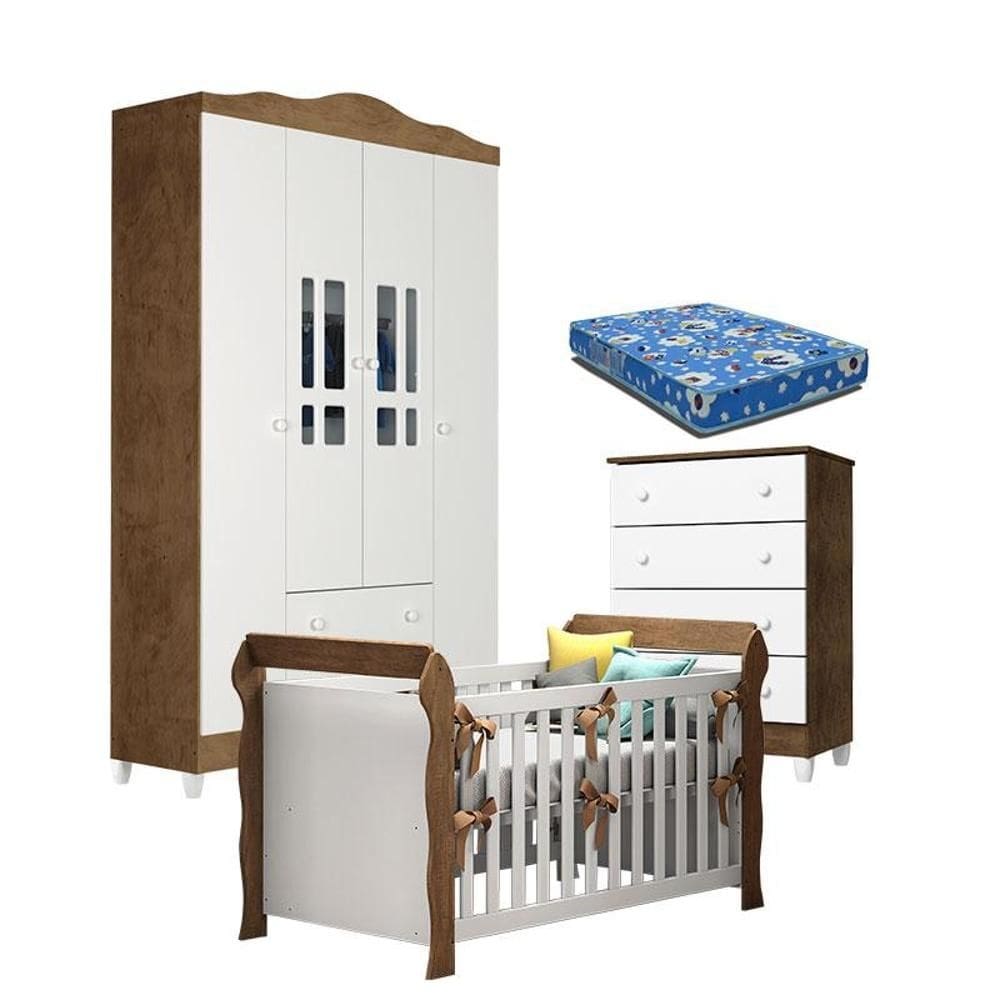 Quarto de Bebê Ariel 4P Gaveteiro e Berço Lara Branco Acetinado Amadeirado com Colchão – Carolina