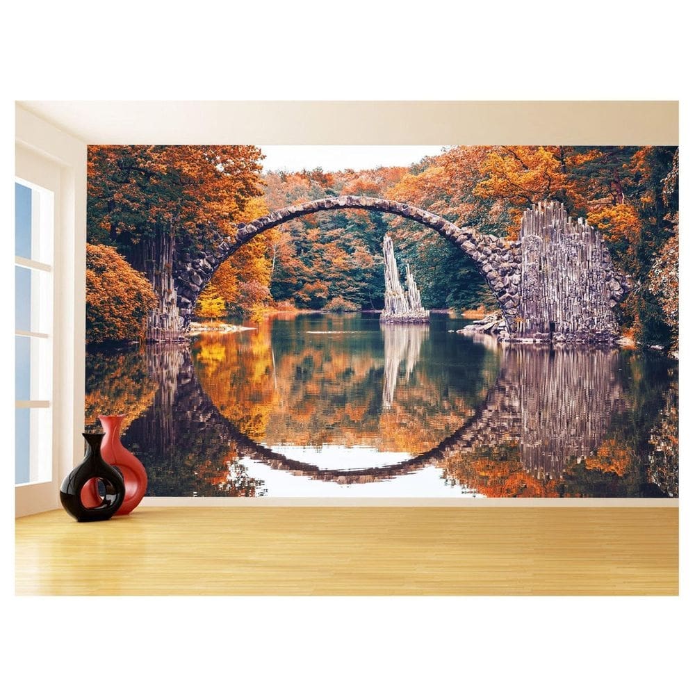 Papel De Parede 3D Lago Ponte Reflexo Arco Água 3,5M Nlk158