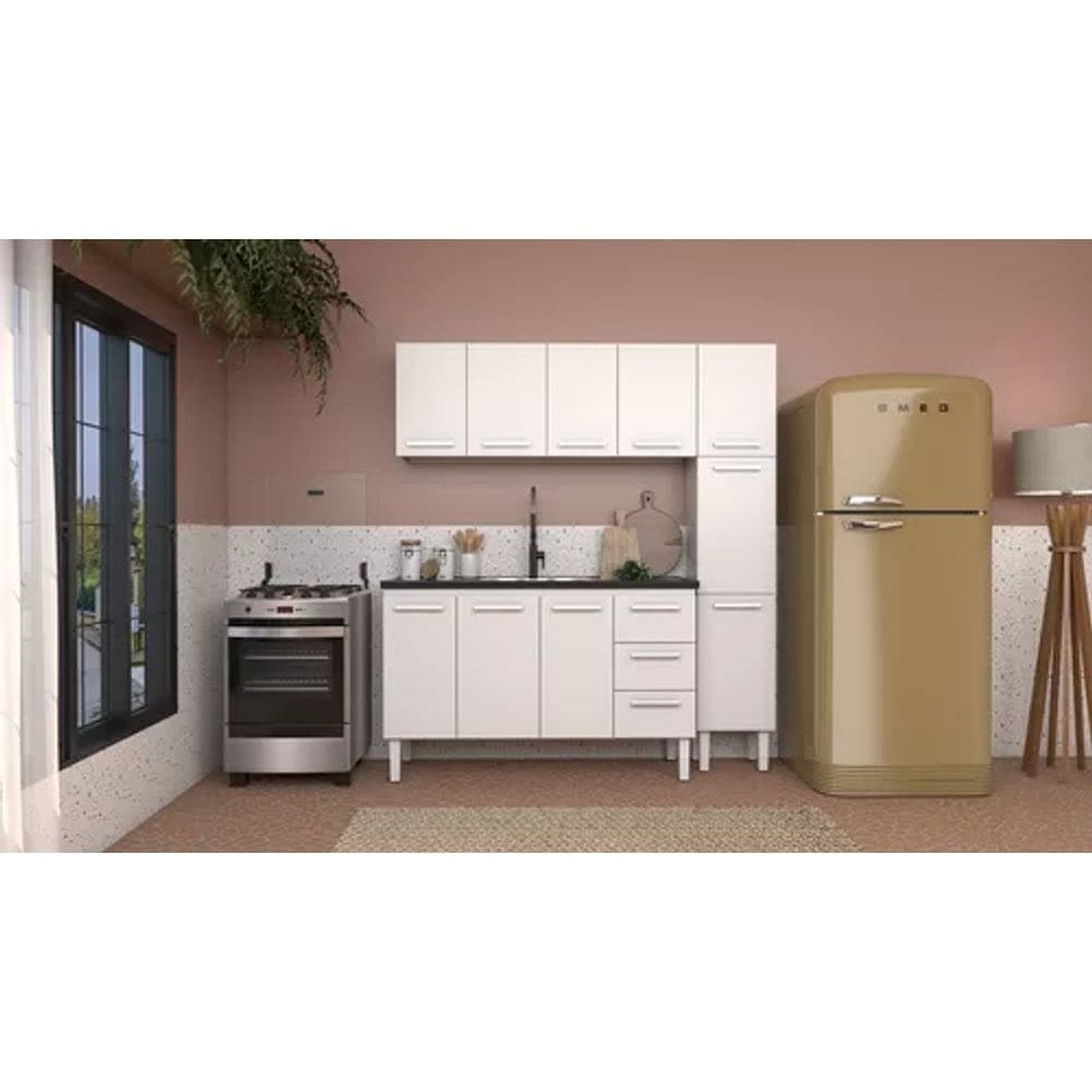 Conjunto Cozinha Completo Para Pia 1,50metros Gabinete 3 Gavetas + Aéreo + Paneleiro 100% em Aço - Venus Cozimax