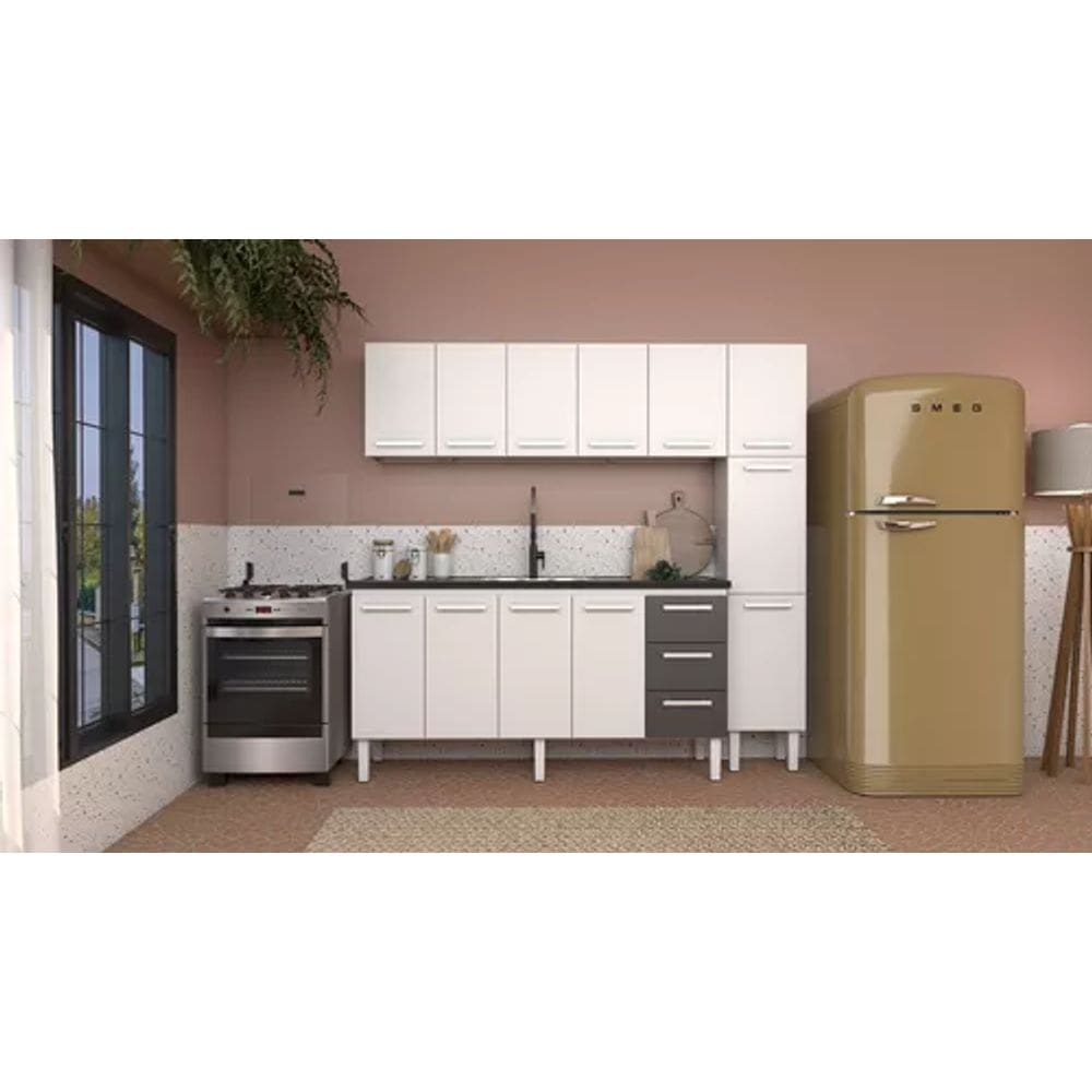 Conjunto Cozinha Completo Para Pia 1,80metros Gabinete 3 Gavetas + Aéreo + Paneleiro 100% em Aço - Venus Cozimax