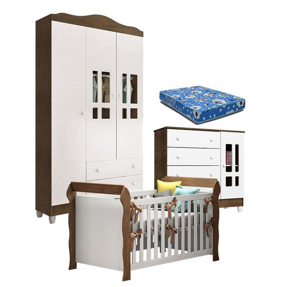 Quarto de Bebê Ariel 3P Berço Lara Branco Acetinado Amadeirado com Colchão – Carolina