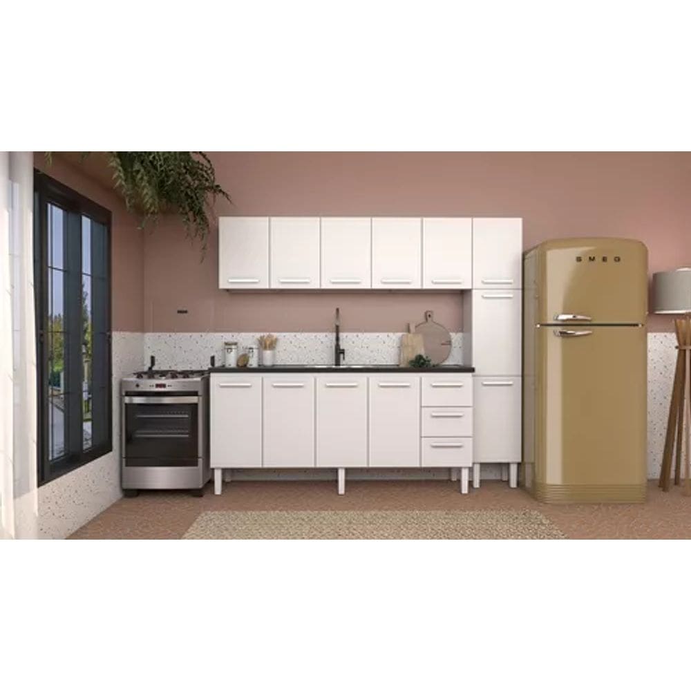 Conjunto Cozinha Completo Para Pia 2,00metros Gabinete 3 Gavetas + Aéreo + Paneleiro 100% em Aço - Venus Cozimax