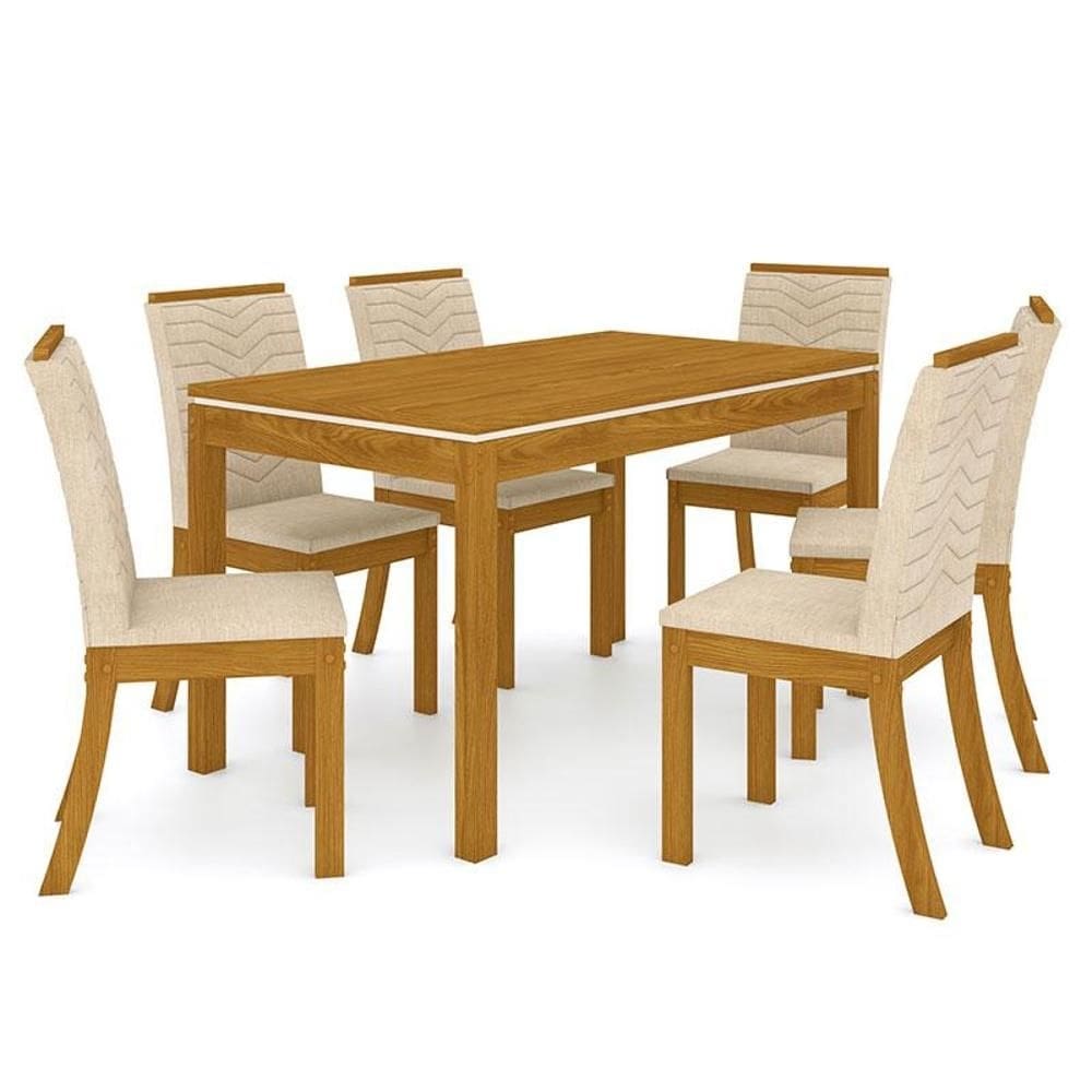 Mesa de Jantar Chan 140 cm Tampo Reto Nature Off White com 6 Cadeiras Isa Linho – Henn
