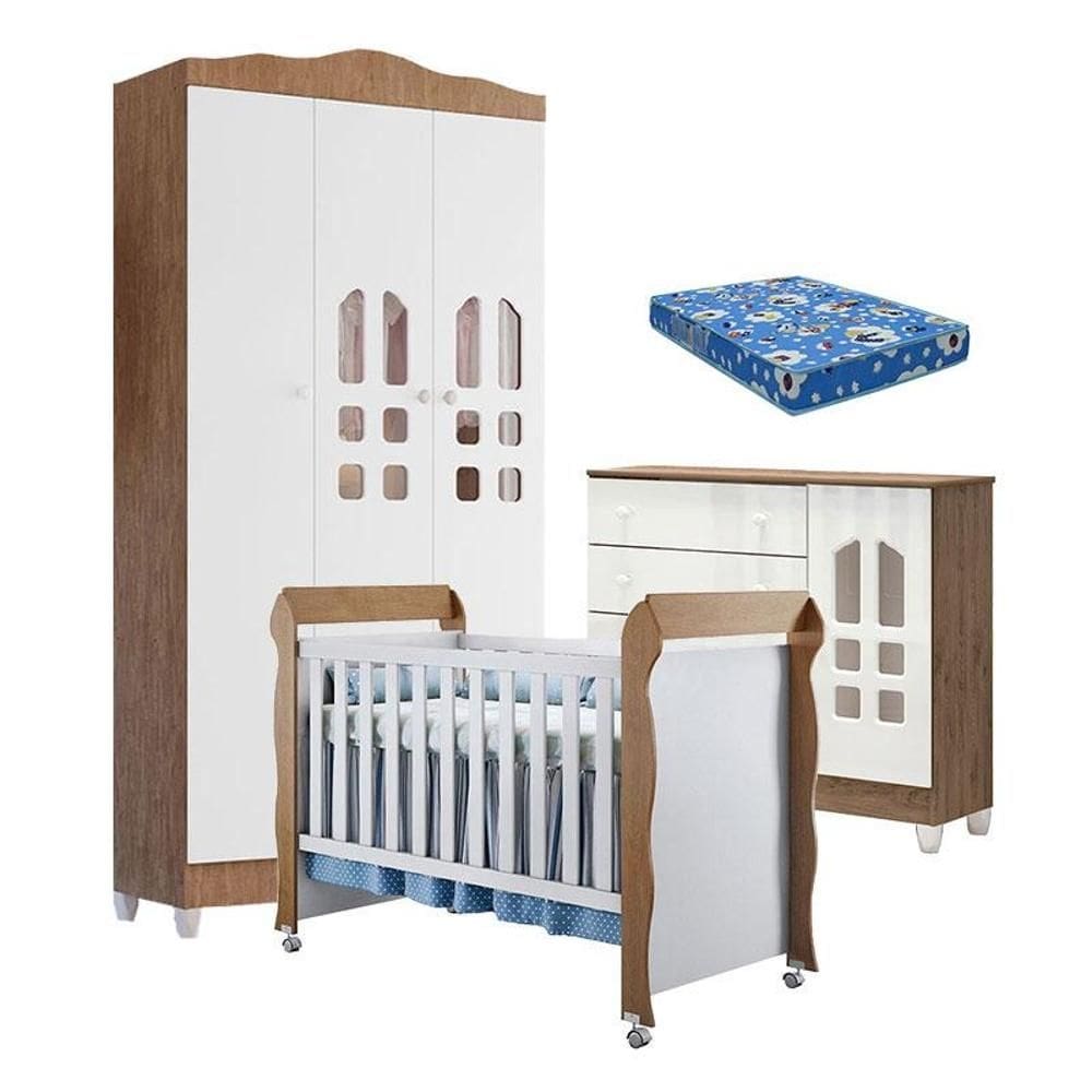 Quarto de Bebê New Selena 3 Portas com Cômoda Selena e Berço Mirelle Branco Acetinado Amadeirado e Colchão Ortobom – Carolina Móveis